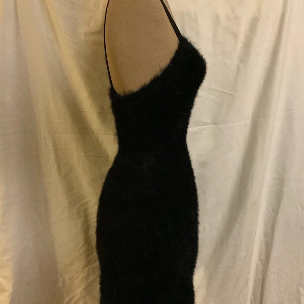 Fabletics Alt Black Bodycon Plush 90’s Mini Dress Thin Straps LBD Goth - Picture 11 of 12